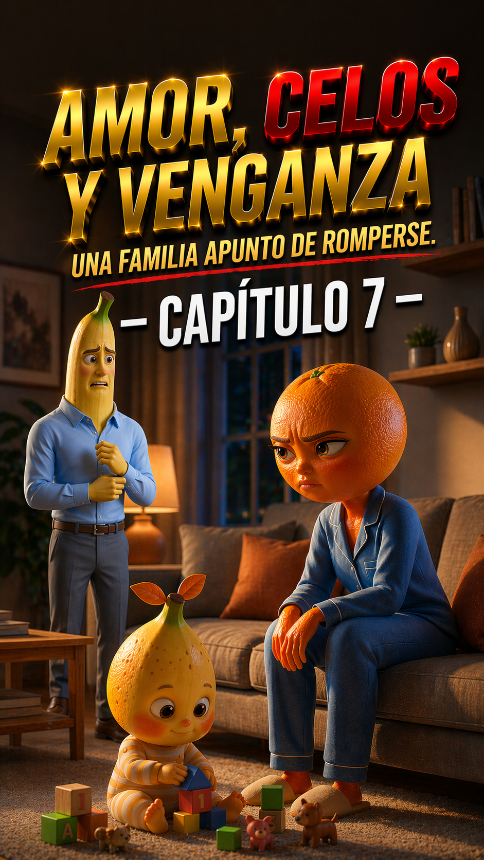 Portada de capítulo de serie animada con IA estilo cine, título Amor Celos y Venganza